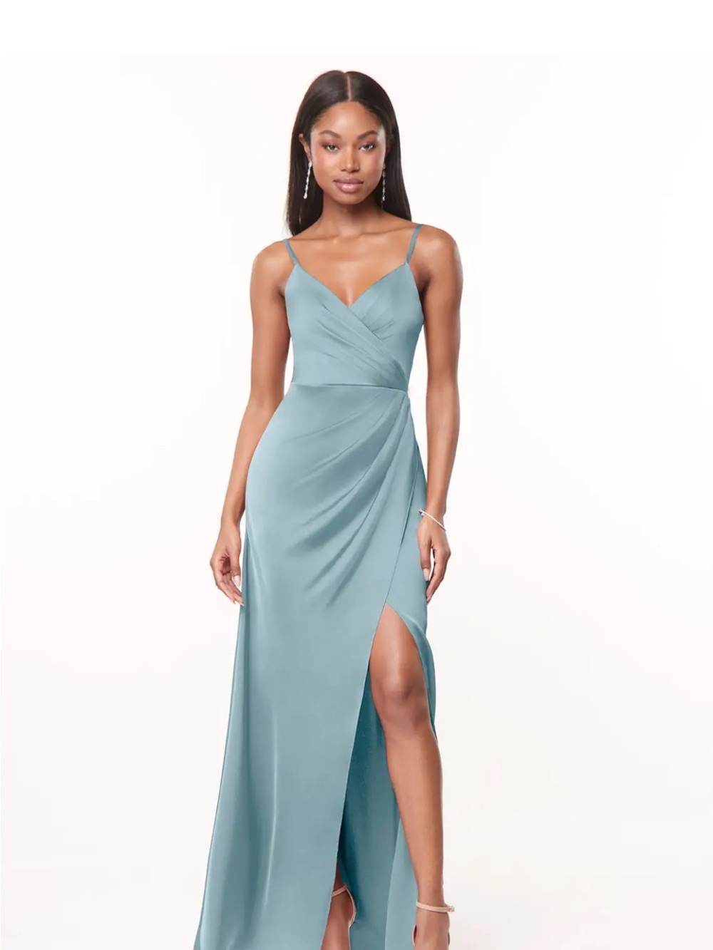 Azazie Satin V-Neck Maxi Dress (Maci) in Light Teal / Moody Blue